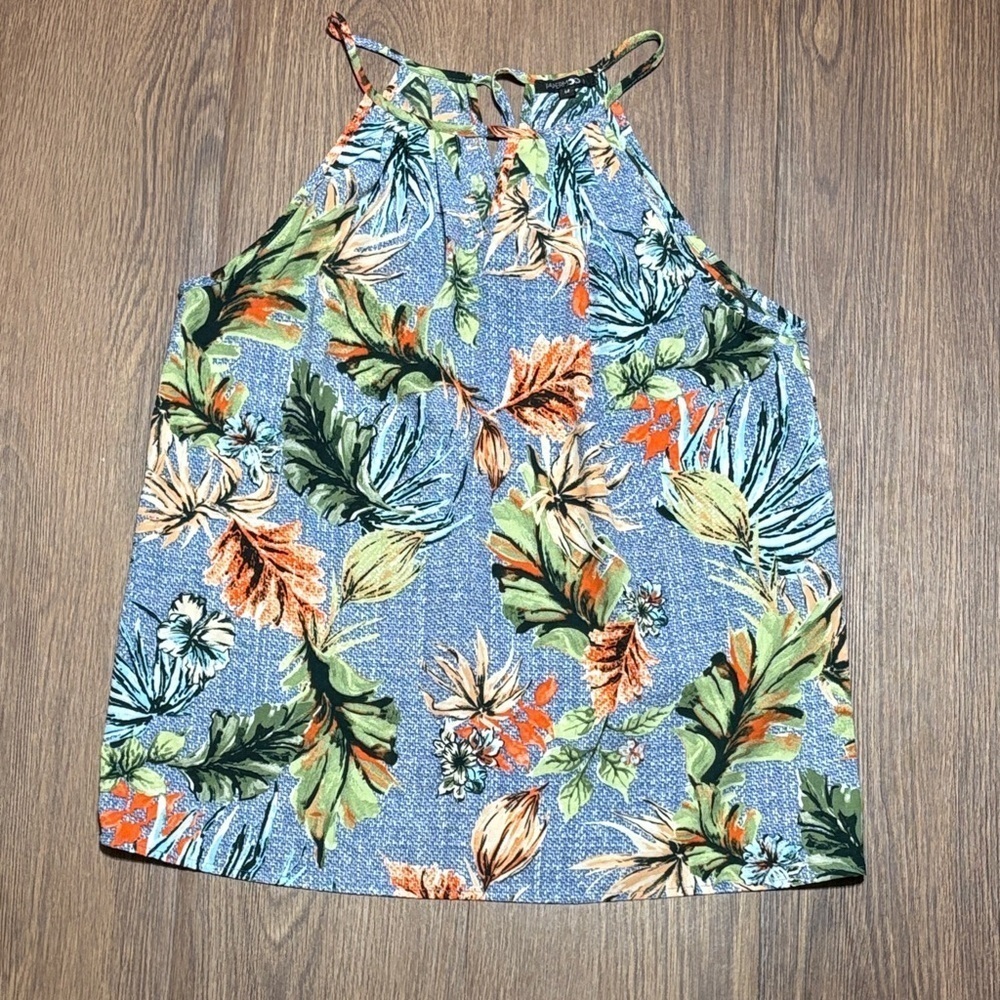 Papermoon Tropical Halter Top Blue Floral Tank Blouse Size Medium